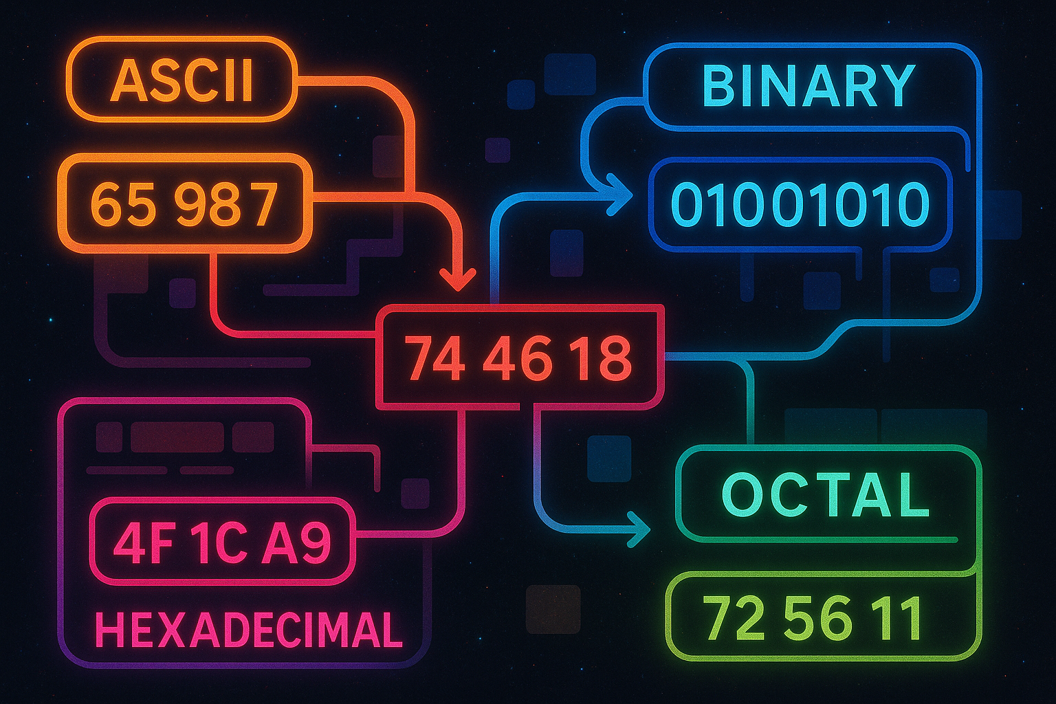 Projeto de uma tabela dinâmica que permite a conversão entre os sistemas Decimal, Binário, Octal, ASCII, Hexadecimal e seus respectivos caracteres.